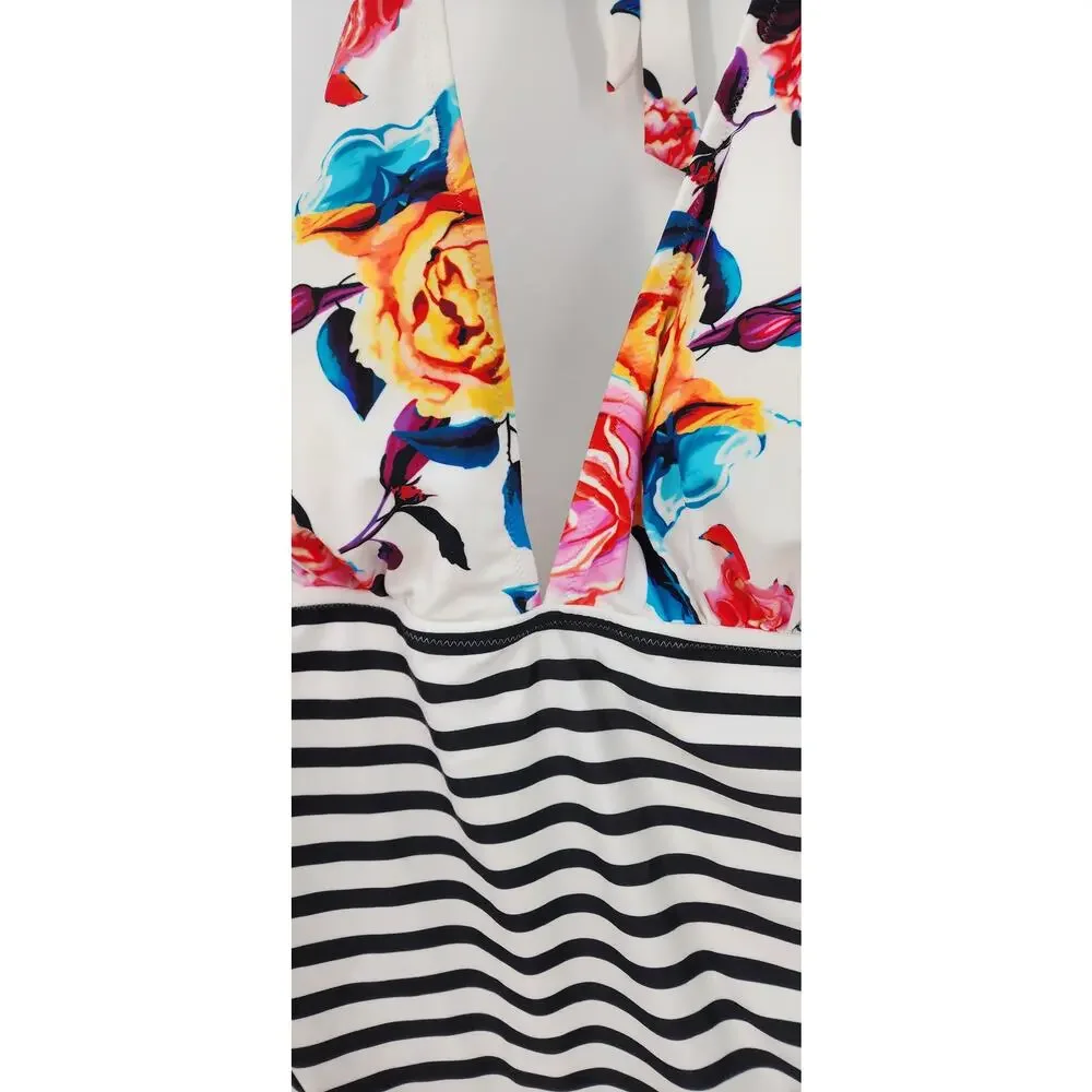 New Cupshe Bold Floral Stripe Halter Tummy Control One Piece Swimsuit 4X 4XL‎